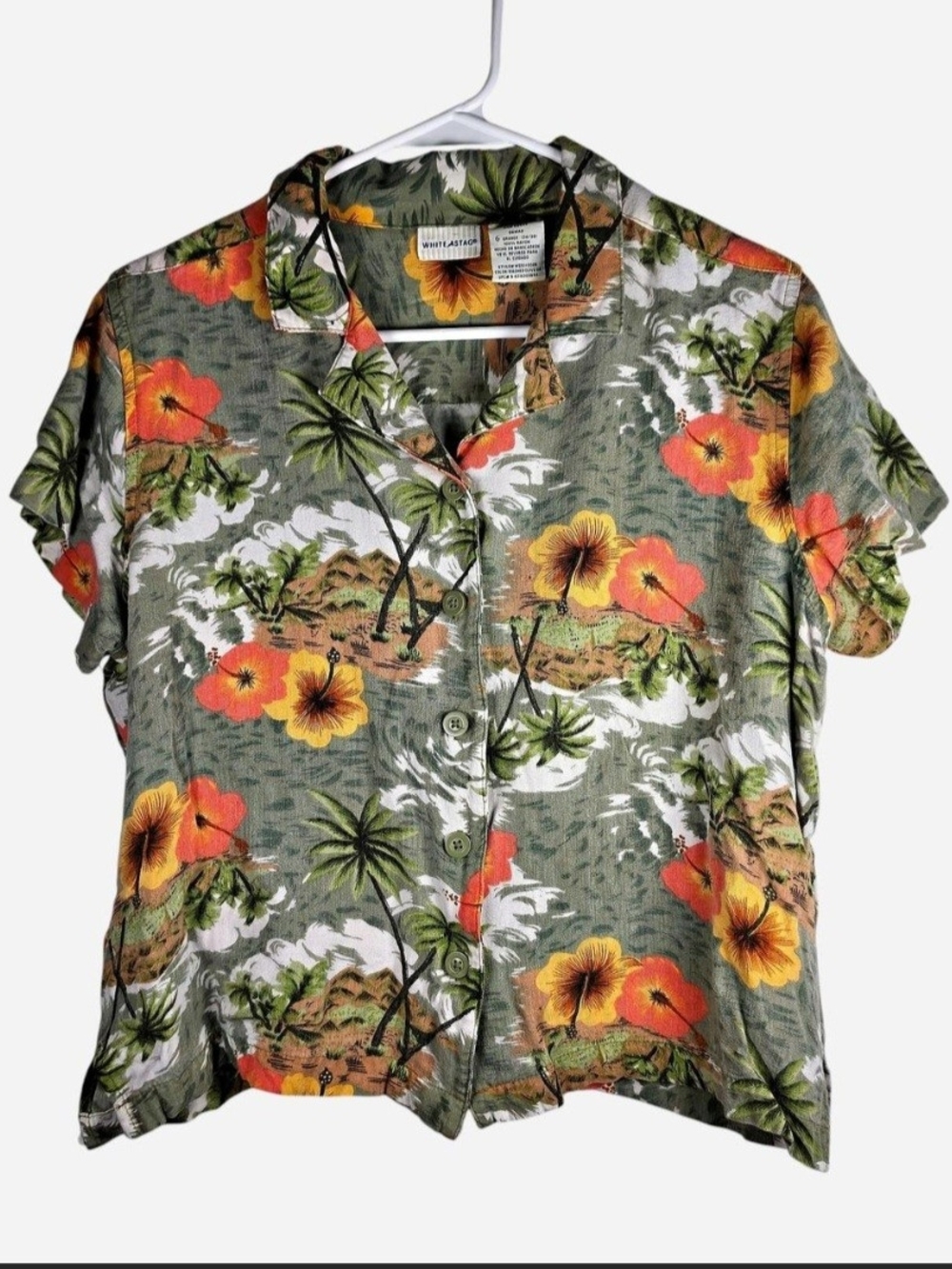 Hawaiian Cropped Floral Button Down Short Sleeve White Stag Womens Large